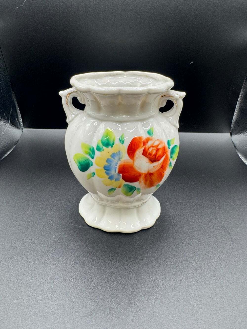 Vintage Japan Floral Urn Vase Double Handle Orange Blue Flowers Porcelain 5"